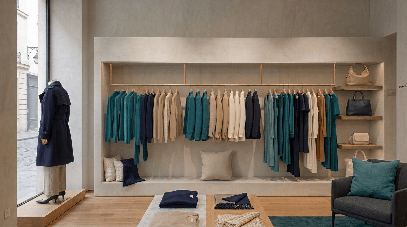 Luxury resale boutique with plaster walls, oak shelving and brass racks